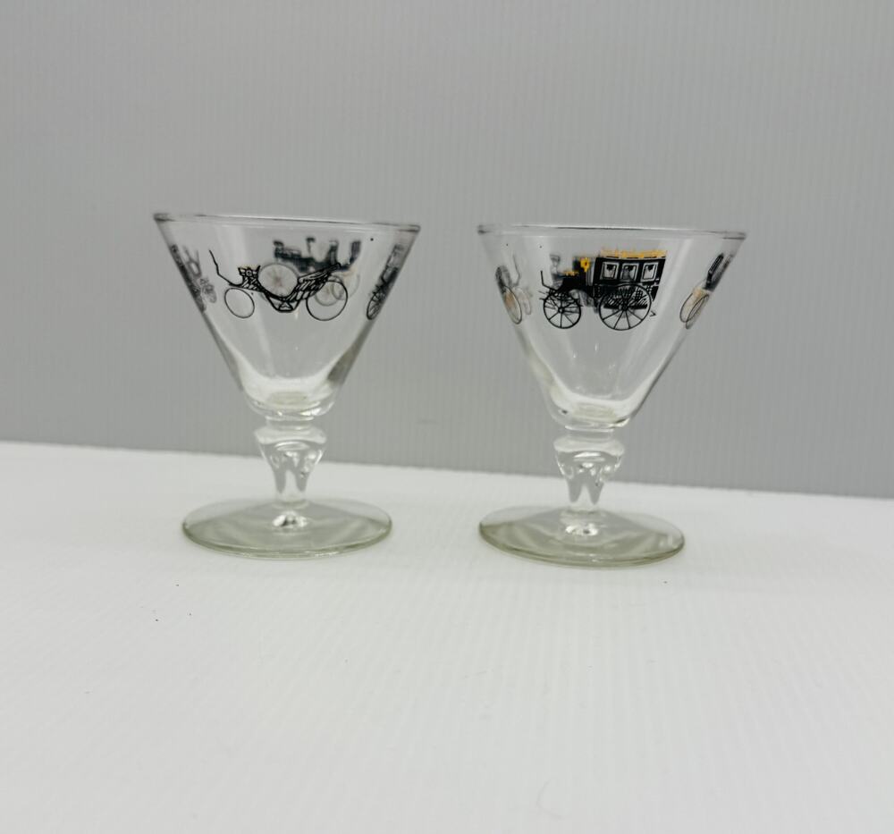 Libbey Black & Gold Curio Buggy Carriage Footed Cocktail Glasses - 2
